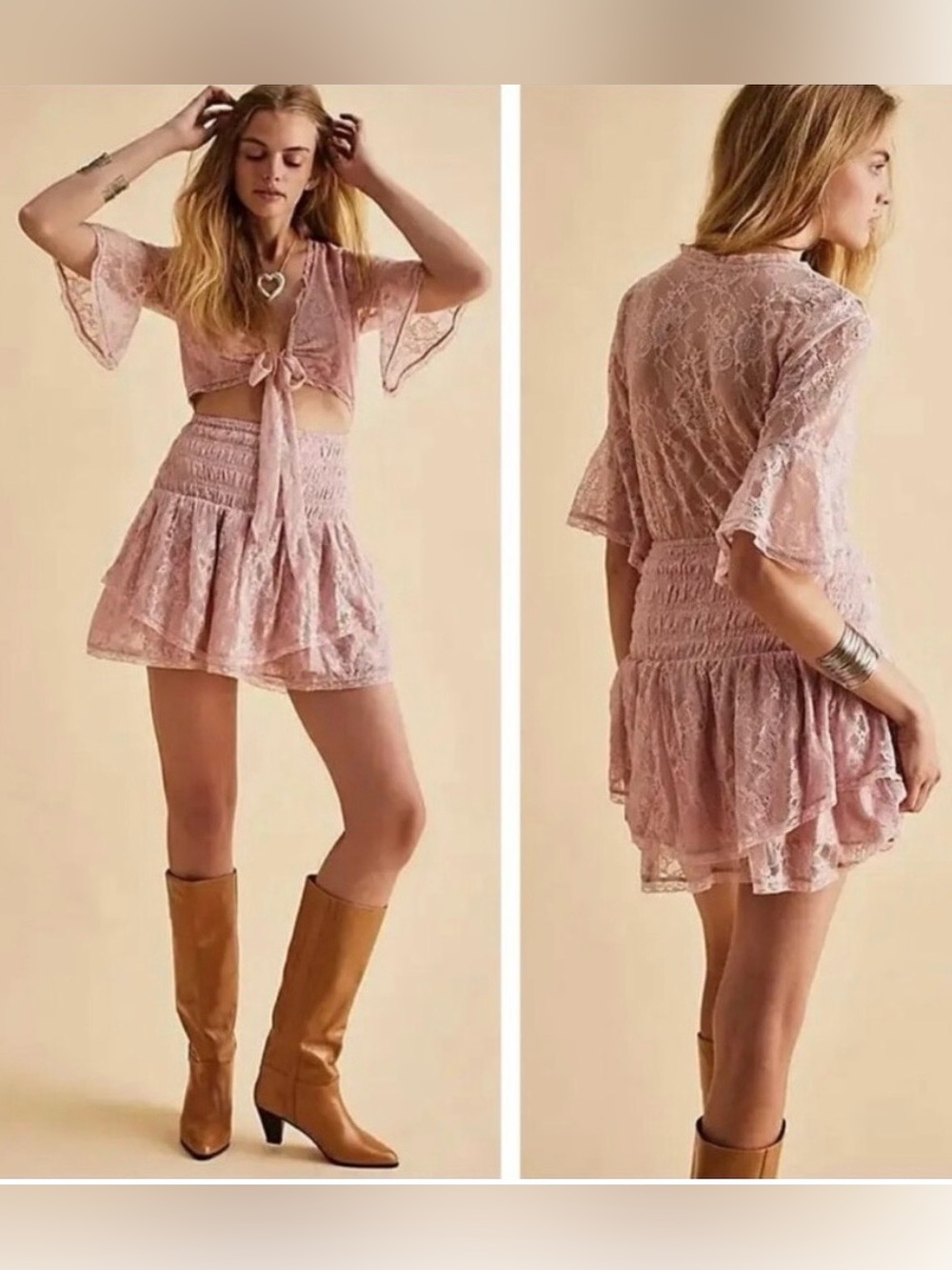 Free People LALA Lace Bell Sleeve Tie Front Pink Romantic Mini Dress Size Medium